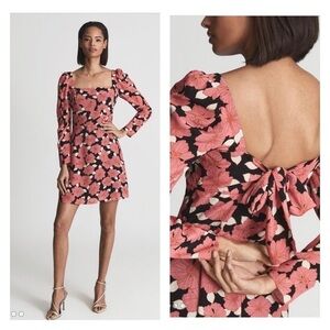 NWT REISS Coral Andi Floral Graphic Square Neck Long Sleeve Mini Dress Size US 6